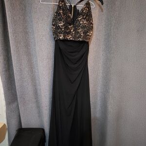 2 Piece Black Lace Halter Top Evening Dress